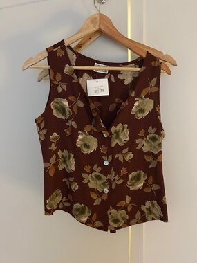 Sleeveless Floral V-Neck Button Front Camisole - Brown/Green